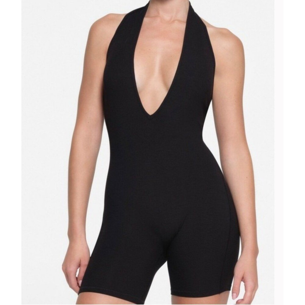 SKIMS Black Halter Deep V Shapewear Romper